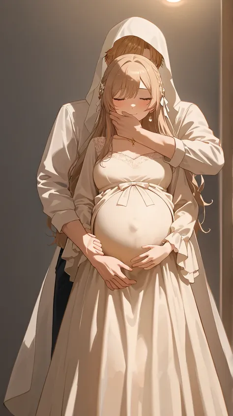 ((masterpiece)) (((the best quality))) ((pregnant wife)). ((Cardboard-colored leather woman)) ((Embracing her husband men))