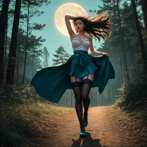  a woman，Running in the woods，Jumping in the middle of the sky，quickly crossing obstacles on the ground， Beautiful face ， fair skin ， delicate luster ,Robe designed through the teal color of the Eastern Style，(The cloth fits the skin naturally 1.2)（natural...