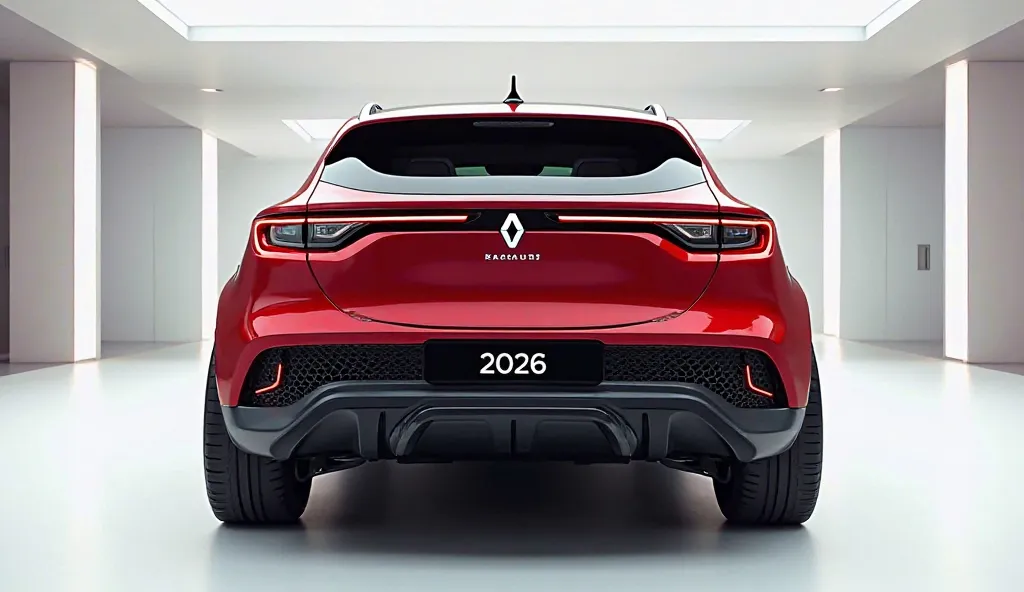 An ultra-realistic image of the back view end of a futuristic 2026.Renault Captur.Sedan.The sedan features a large, imposing, and aerodynamic design with a glossy,red,color exterior.The back end has a wide, aggressive back with intricate black accents and ...