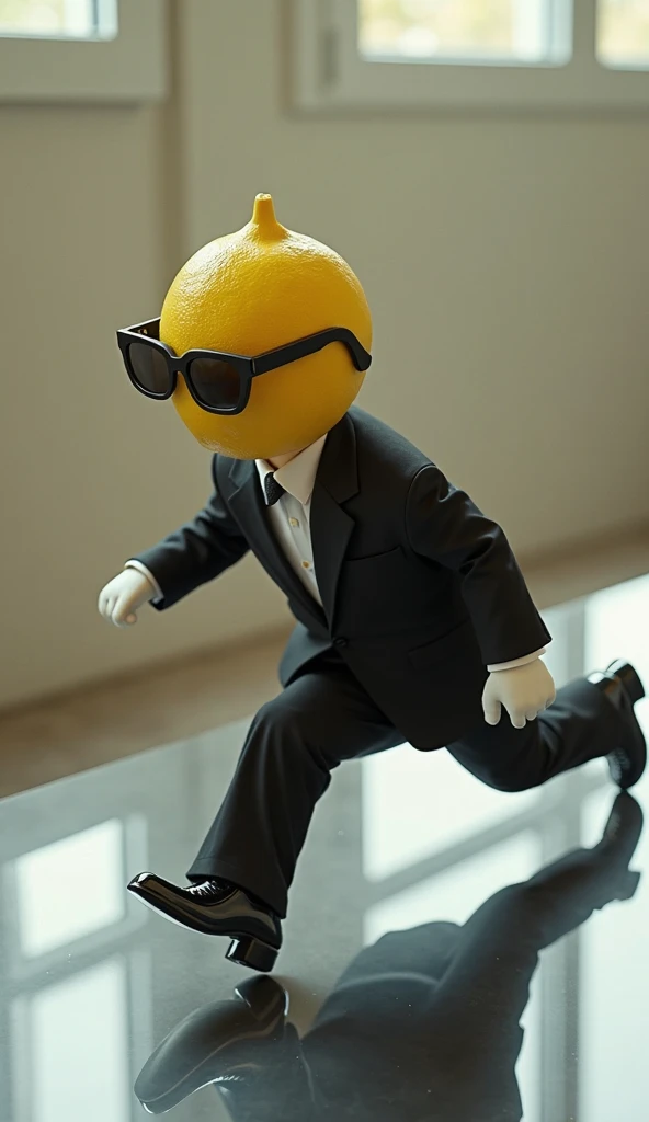 A lemon, in a black suit, sunglasses, and white gloves, slides on its knees across the table.