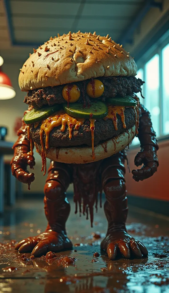 A terrifying, monstrous burger standing in a dark, eerie fast-food restaurant. Its cracked, moldy bun forms a jagged exoskeleton, with greasy meat tendrils and molten cheese intestines dripping onto the floor. Bulging, bloodshot pickle-like eyes twitch wil...