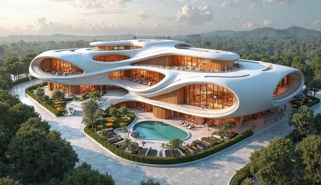 _"A realistic architectural visualization showing an overall aerial perspective of a contemporary three-story kindergarten with a uniquely curved, crescent-inspired footprint as shown in the provided sketch. The building sits centrally within a rectangular...