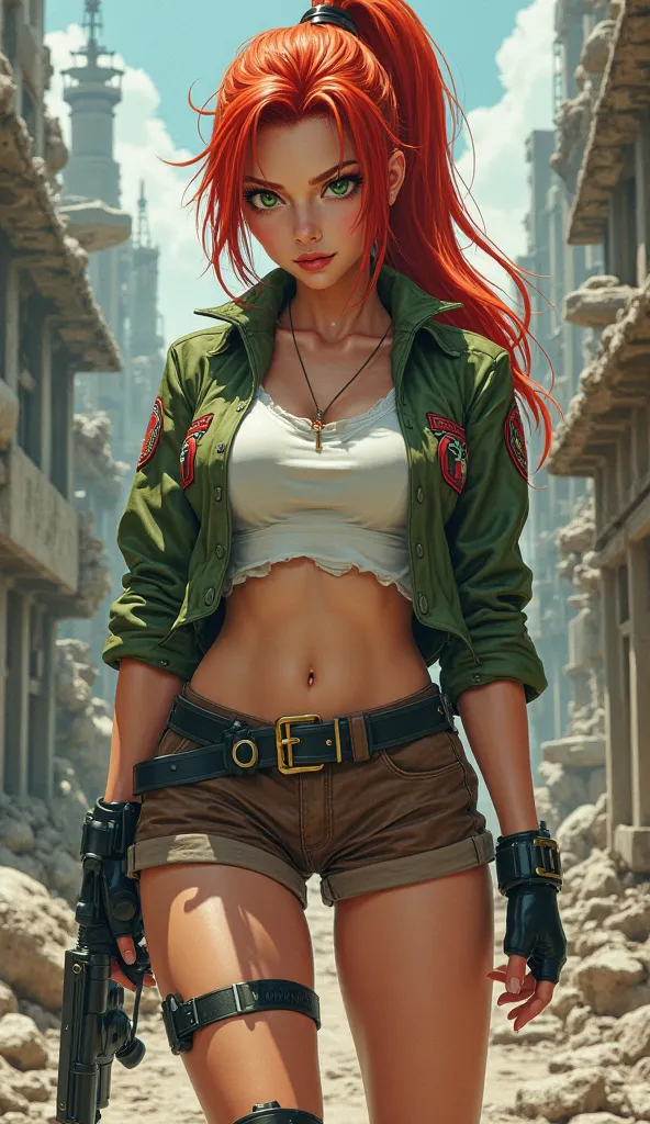 fine germs, fine germs from Metal Slug, lora., glass,  round lenses, redhead, ponytail hair, periphery,  green eyes ,  Wearing a white blouse , Brown shorts, , knee pads,  fingerless black leather gloves , Green cap,  black military boots ,  open green mil...