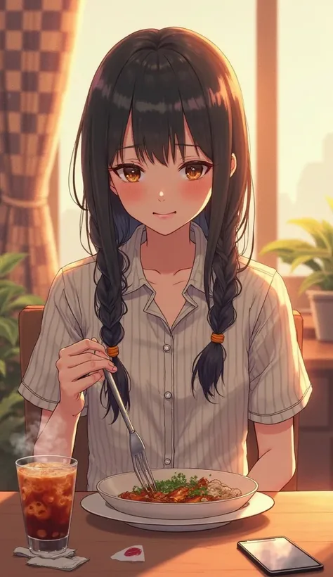 moe style,((Satisfied with eating food)) I'm satisfied with eating　straight hair that reaches the shoulders - (Short sleeve襟付ボーダーシャツ)（((Short sleeve))） - Onyx　striped collared shirt　 long hair　Short sleeve　Anime Picture　 hair is unraveling after vaginal 　　...