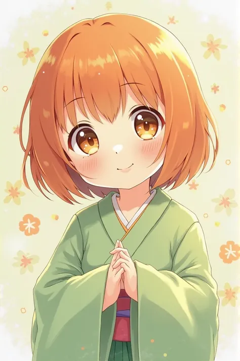 anime baby girl, golden eyes, orange short hair, Ropita by Kinomo light green,little baby