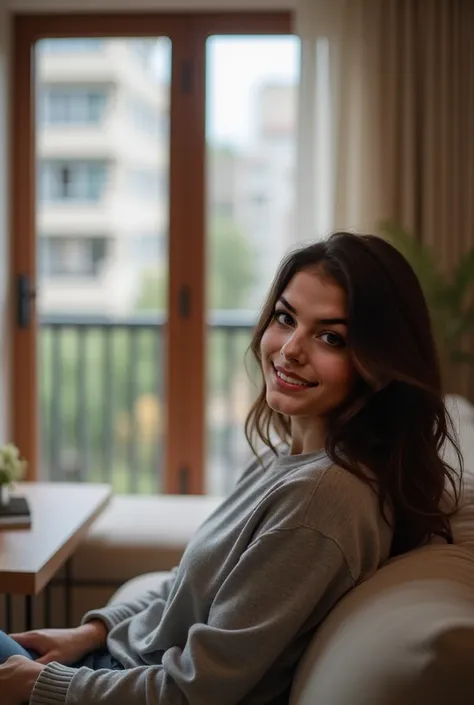  realistic photo, white woman, smiling,  dark brown hair , Sitting on the sofa in the living room of an apartment, In the middle of the living room there is a coffee table and in front of the TV, In the back the balcony of the building * realism*