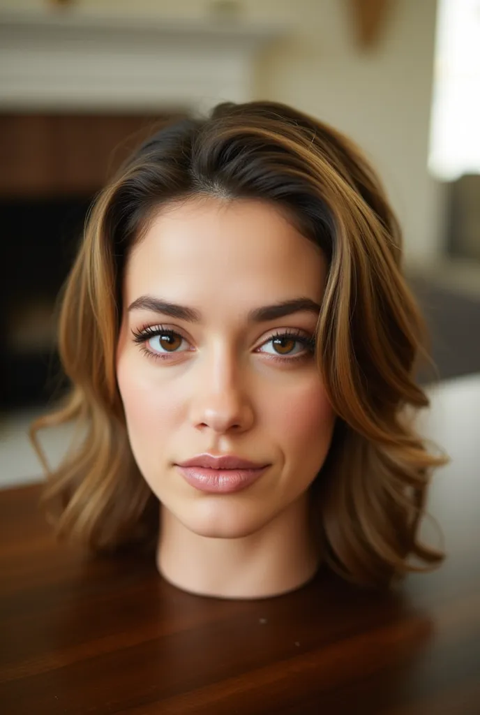 Photo of pretty 20 year old woman's disembodied head sitting on a table. Medium lenth hair. Smug facial expression. Gorgeous face. She has an expressive smug face. Disembodied head sitting on table. Natural lighting. Living room background.
