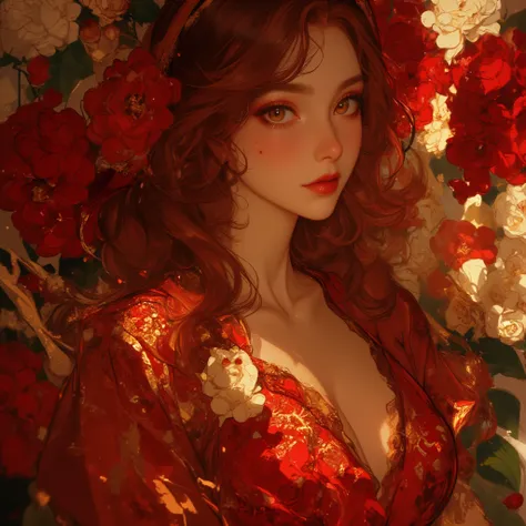 （（masterpiece）），（  Best Quality ）））， Very detailed， Are Sweating ，（ Very delicate beautiful face ），（  beautiful eyes every detail），Chest covered with chrysanthemum petals ，（  Full Chest  ， red hair， long red hair ）， focus on breasts  ，  Complex Eyes  ，Exqu...