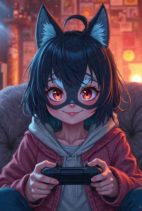 cute gamer girl with wolf mask , bang hair , playing console game