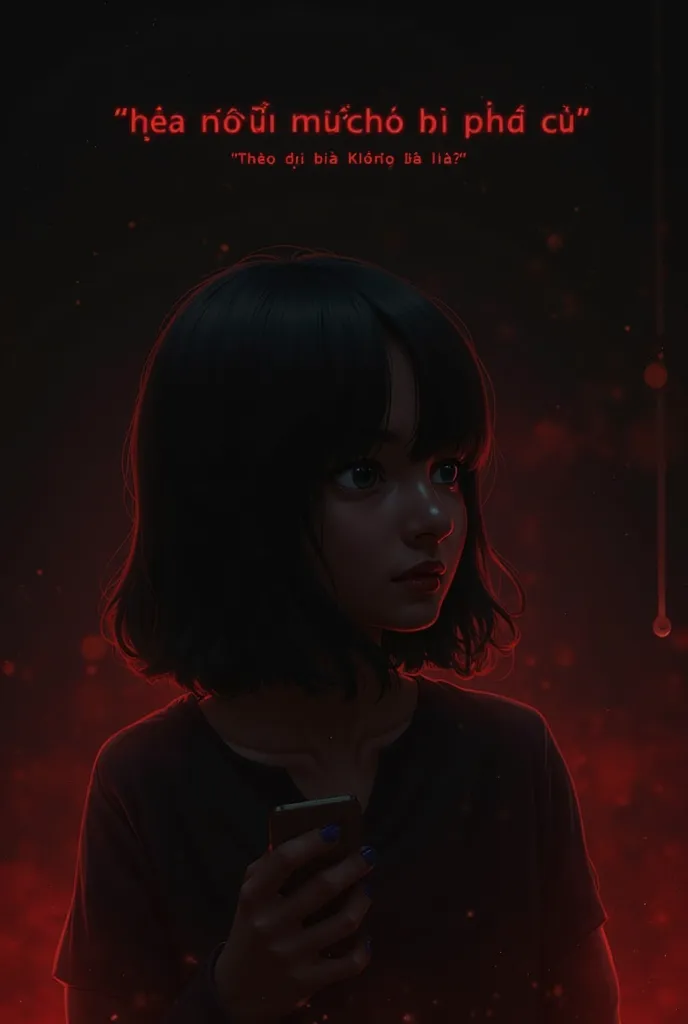  Close with Laura in a shadowy room, staring into the distance, tears falling, holding a phone with a message notification (‘Cô có thật sự quên cháu chưa?’). Background dark, with red fog and faint light, creating a haunting, unresolved mood. Text overlay ...