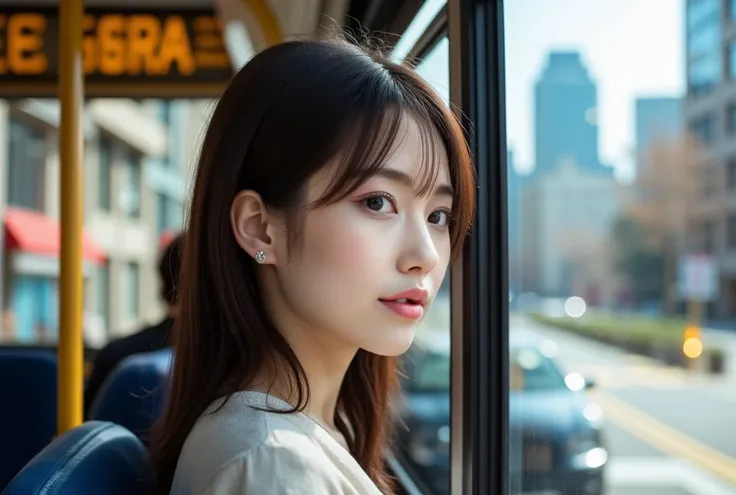 Japanese girl on a city bus,  realistic photo 