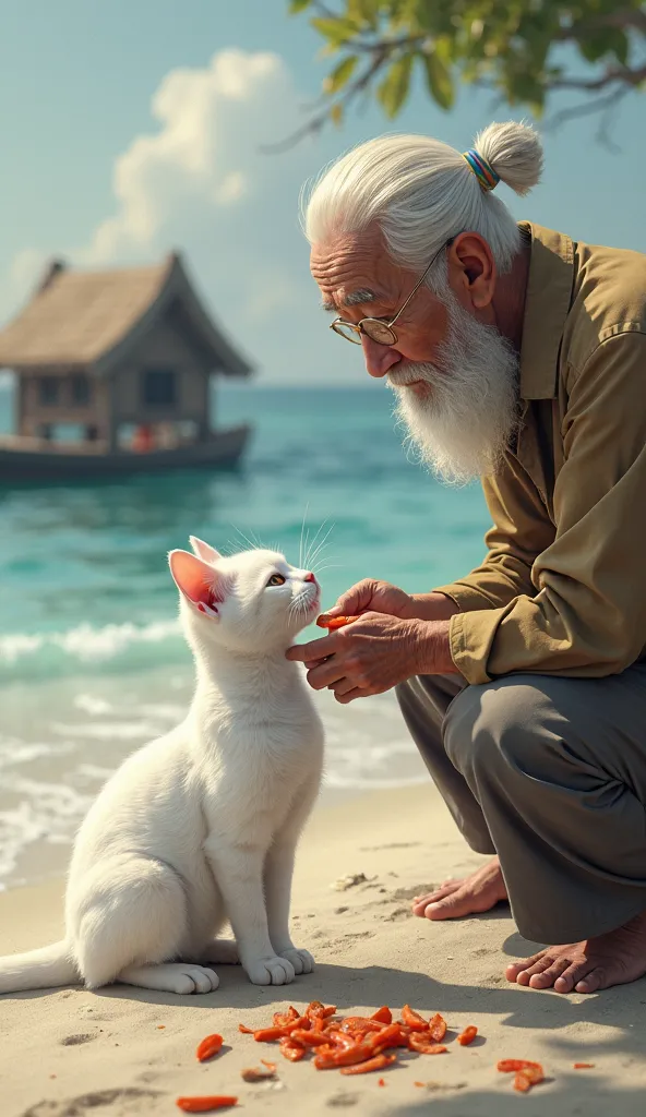 old asian fisherman grandfather is feeding fish to a white cat, on the beach there is a simple hut, the picture is very realistic