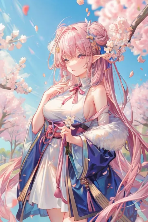 1个Giant Breast Girl，blossoms，petals