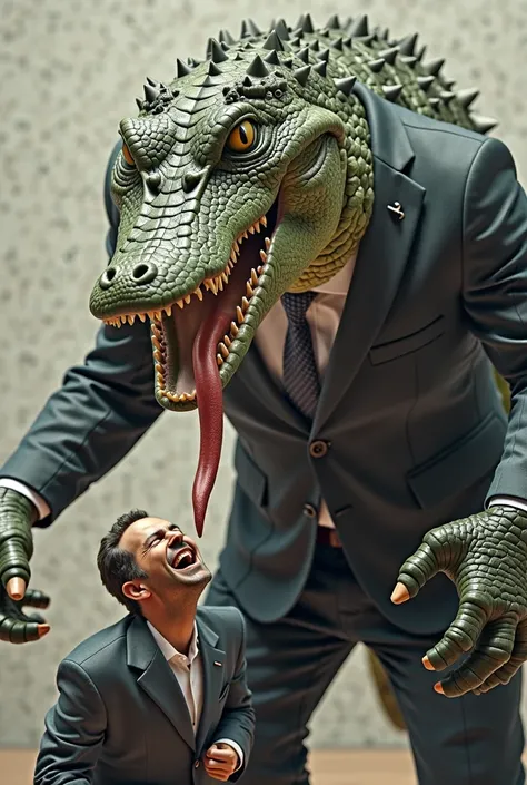 imagine a huge crocodile wearing a suit represented as a politician pulling a human being's tongue to cut it with scissors. make the human's tongue being pulled out using the crocodile's hands.
