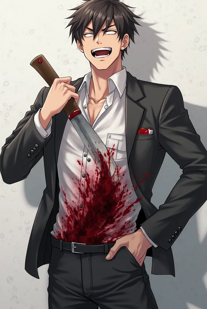 A drawing of a man in the form of an anime . He has a knife embedded in his stomach and he is bleeding 