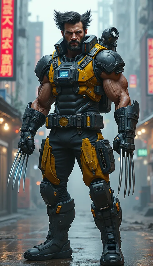 A hyper-detailed cyberpunk Wolverine character redesign, blending tactical military aesthetics with futuristic technology. The character is a muscular, battle-hardened mutant with sharp adamantium claws extending from his knuckles, exuding a rugged yet hig...