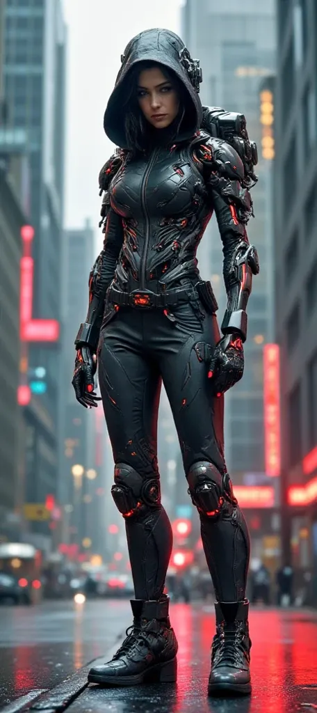 Cyborg girl 、movie Terminator style、futuristic truck on a transforming 、red accent、background New York parking lot