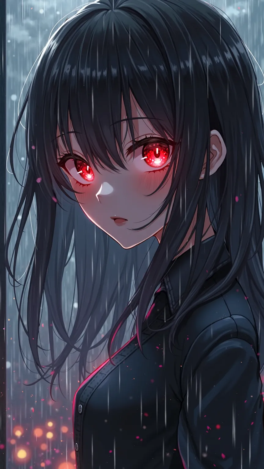 anime girl with red eyes in the rain, Anime painting by Jin Homura,  pixiv contest winner,  what is it ？, with  red eyes , with  red eyes, Red Eyes Shining ,  red eyes ,  anime style 4k , Glowing red eyes, Anime Moe Art Style, BEAUTIFUL ANIMATED PORTRAIT, ...