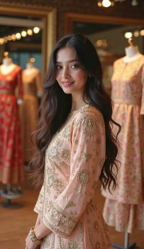 A young woman with long, wavy dark hair stands gracefully in a high-end designer studio, showcasing an elegant kurta. The studio is well-lit, with mannequins dressed in stylish ethnic wear displayed in the background. Racks of intricately designed kurtas i...