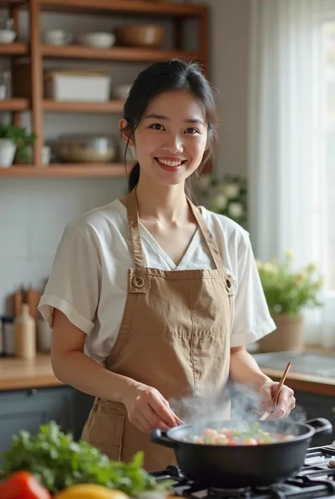 A young Asian housewife in her early 30s, with a warm and gentle expression, standing in a cozy kitchen. She is wearing a traditional yet modern apron over a casual outfit. Her dark hair is neatly tied back in a ponytail, and she has a soft smile while pre...