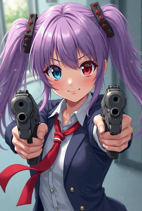 anime style、 high school girl、twin tail、 purple hair、 red and blue odd-eye、Hold up a two-gun