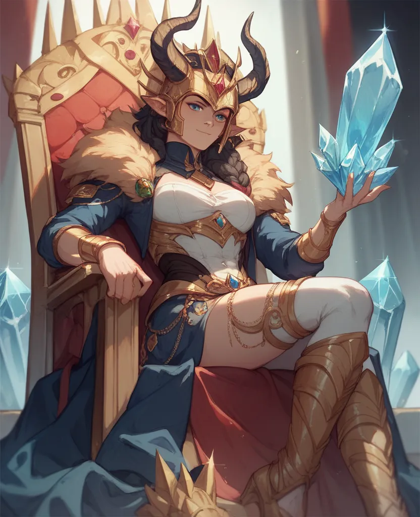 Loki sitting on a golden throne, holding a Crystal, wearing a helmet with horns