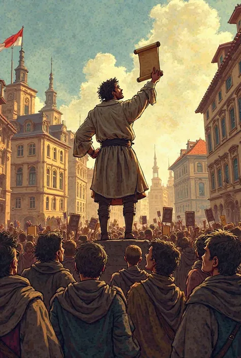 **"Generate a comic style image. A 17th century square where a crowd of citizens gather with enthusiasm. They wear simple clothes of the time and hold up banners or scrolls with ideas about freedom and just government.  Their faces reflect determination an...