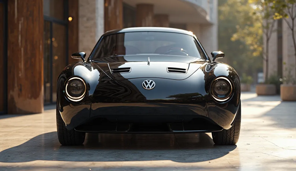 Front view of modern modified 2025 volkswagen karmann ghia polished black color in a luxury bright high level showroom