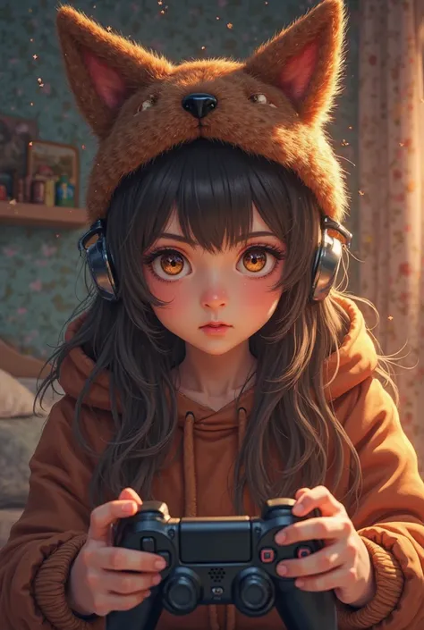 Cute gamer girl with bang hair and long hair wearing brown wolf mask playing console game , 