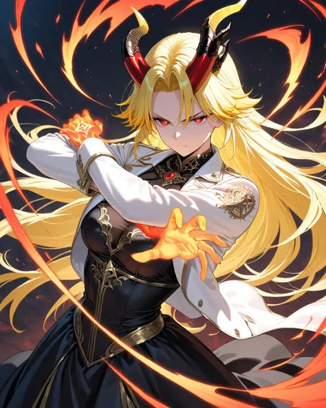 Long dark yellow hair, demon horn, white jacket, black dress, red eye, serious face, middle parted hair, medium breast size, Bust up, attack pose, demon hand on hand