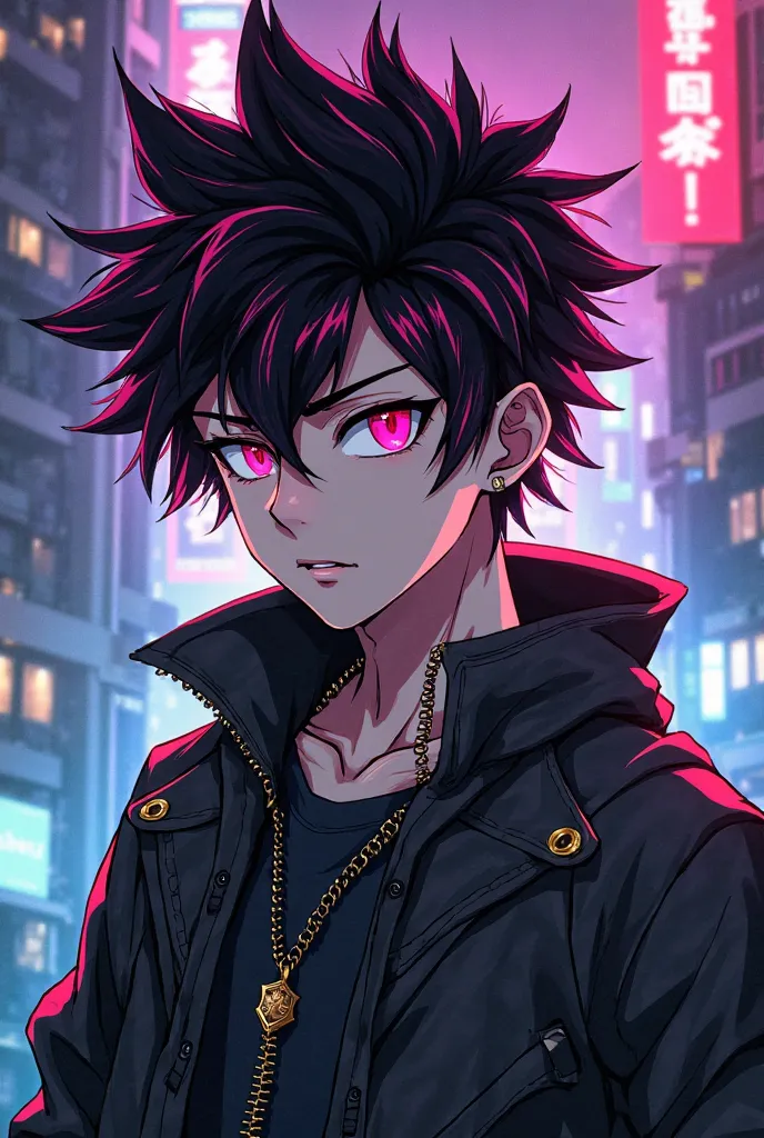 Make an image of a punk boy with short black and pink hair with pink eyes in an anime style