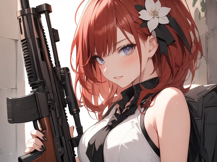 Redhead and shorthair woman in slightly sexy military dress。I'm holding a rifle