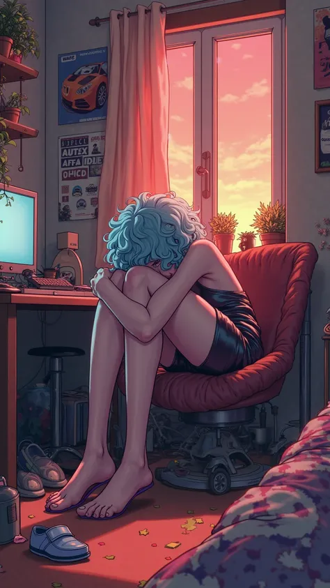 A girl sitting on a chair with her legs curled up and hugging them, her head resting on her knees. She wears tights and shiny leather shorts, but no shoes, which are lying on the floor next to the chair. Her hair is fluffy and curly, in a light blue color....