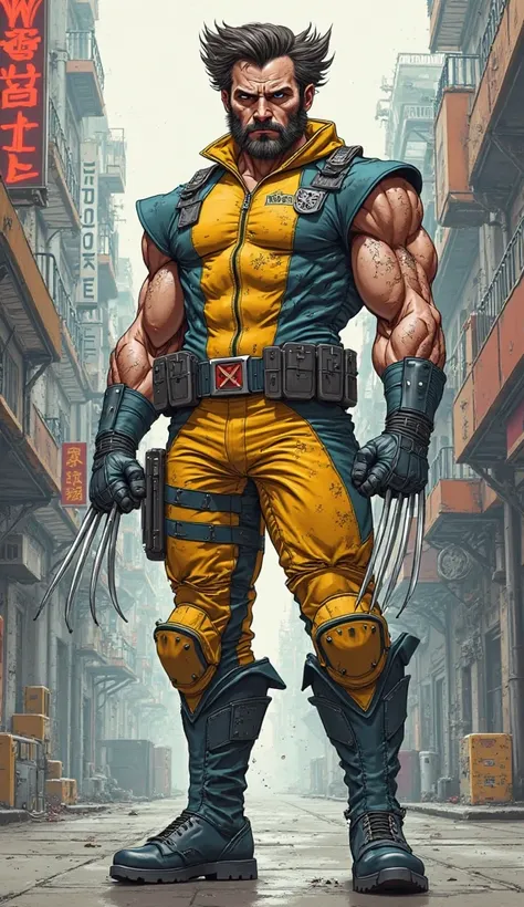 A highly detailed, hand-drawn 2D illustration of Wolverine, meticulously crafted in a semi-realistic comic book style with cyberpunk and military influences. The artwork features bold, confident linework with a sketch-like quality, enhanced by precise cros...