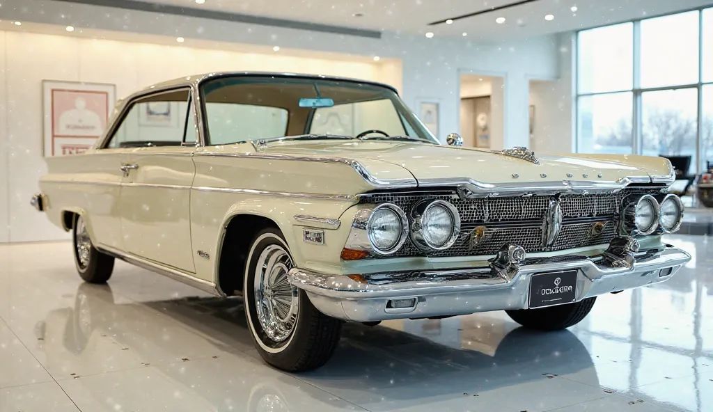 Close full ( right  side ) view of painted Nardo(  cream)  with shiny ( cream ) Onyx ( cream ) Metallic ( 1962 Dodge polara 500 )sleek in large shape sedan in large size with (  Dodge polara 500 )" logo on its large detailed grille in shiny  Onyx Black Met...