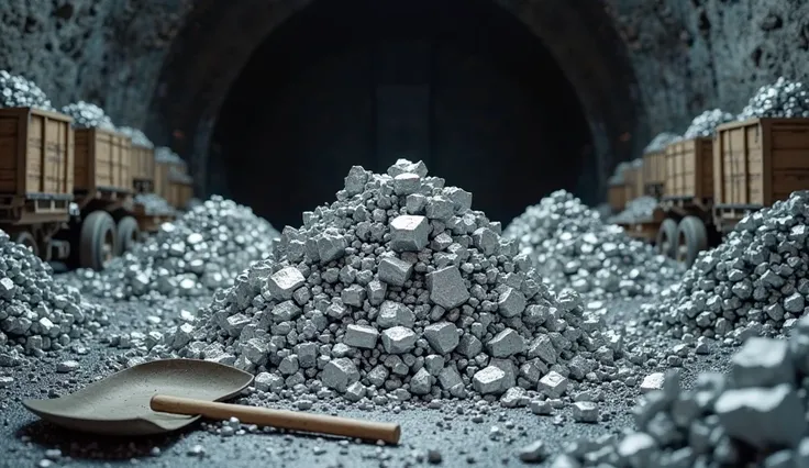 Design a medium shot showcasing piles of silver ore that have been collected and are ready for transport. The silver piles should look heavily textured, with large chunks of silver visible on the surface. In the foreground, include shovels and small mining...