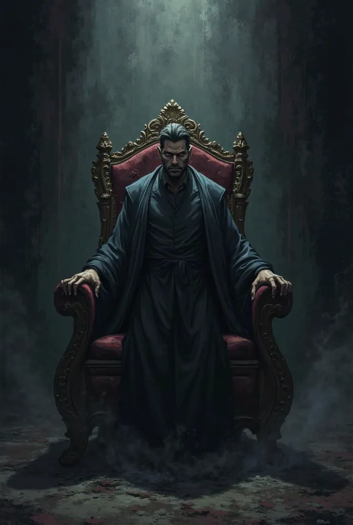 A drawing of a king in the form of an anime sitting on his throne while he is concerned and standing on it, lost in black as if he is punishing the king for a mistake he made