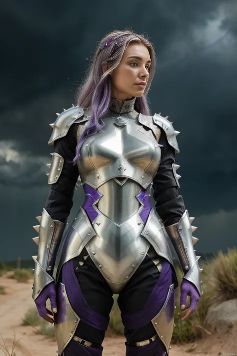 ((woman, in thin futuristic armor, silver and purple armor, LED glow, spikes)), thick thighs, happy, realistic skin, realistic looking, realistic textures, outdoors, lightning storm in distance, rainbow hair