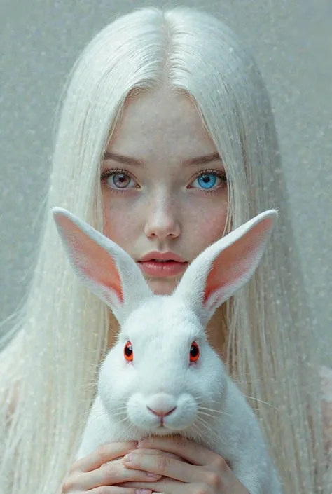 Second Lady's girl age 21 years old White long hair Forehead hair The left pupil is blue The right pupil is red The right pupil is red The rabbit's ears are cold 