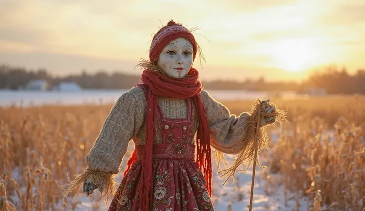 Maslenitsa scarecrow without a face in the field, dressed in a scarf and Russian folk clothes, the picture is sunny and winter, not scary but positive. Maslenitsa should be feminine but without breasts, and without a face on a pole
