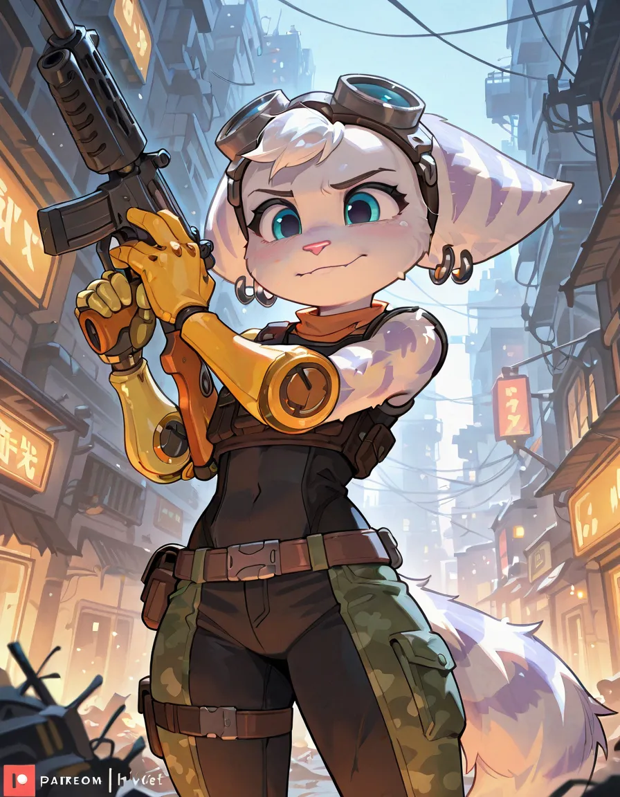 masterpiece, best quality, amazing quality, very aesthetic, absurdres, newest, rivet_ratchet_and_clank, anthro, female, camouflage gear, tactical vest and tactical belt, destroyed city, holding modern rifle