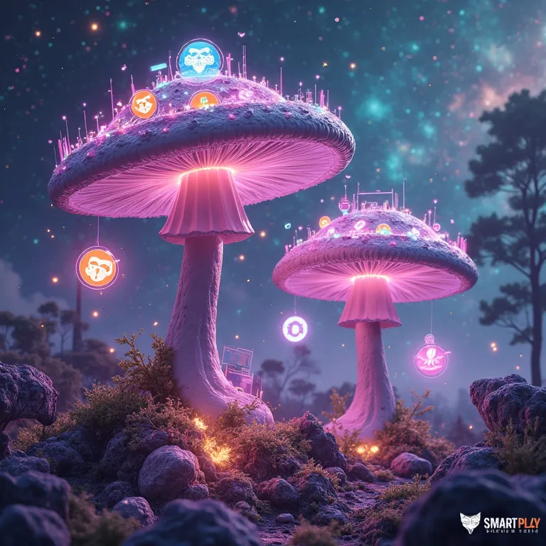 A bright, futuristic image in the style of a magical digital forest, where mushrooms turn into high-tech structures. In the center is a DEX platform with a mushroom design: giant glowing mushrooms with holographic interfaces (graphs, wallets, NFT collectio...