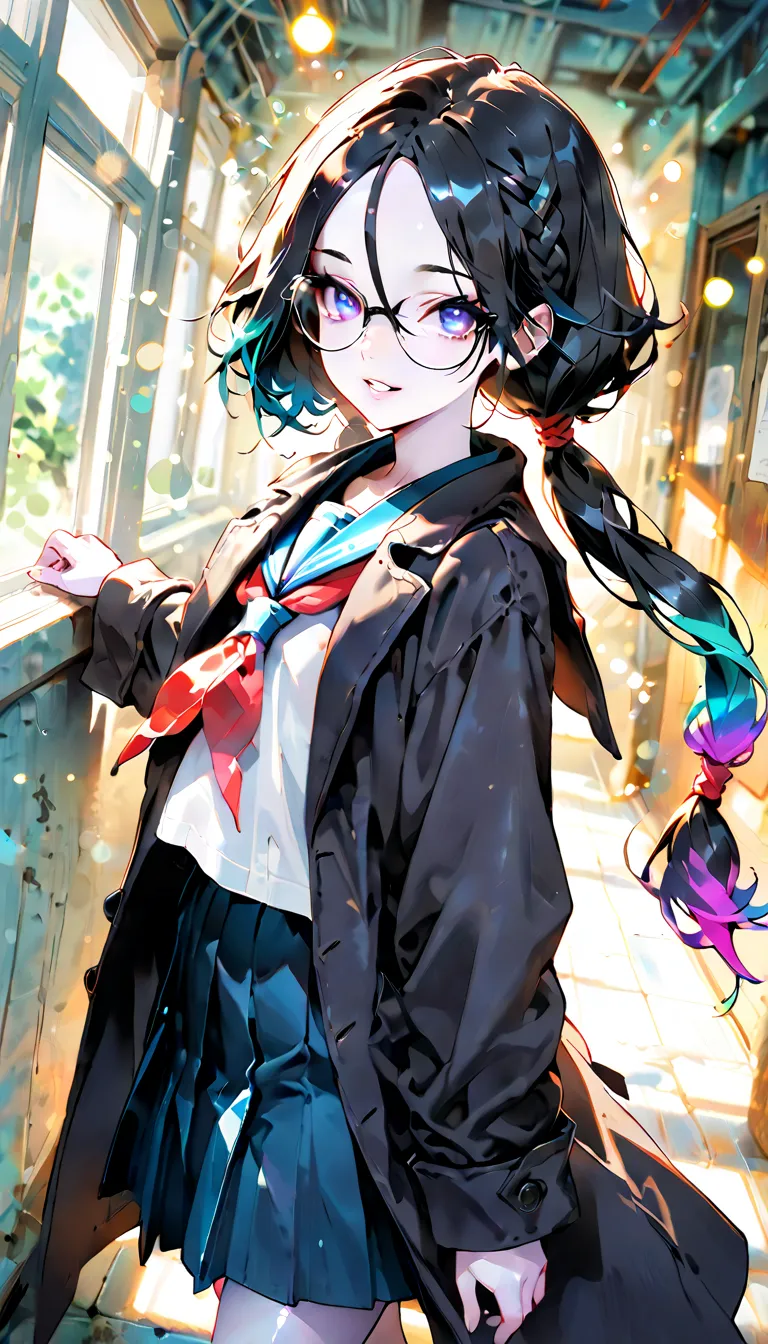 ((glasses)),solo,(safe:1.2),pose, silky skin, beautiful face, beautiful eyes,shiny eyes, Iridescent eyes, beautifull hair,{Multicolored  hair,Iridescent hair}, gradation hair ,{parted bangs ,ponytail, Bob,short hair, Long hair,low-twintails,braid,side-pony...