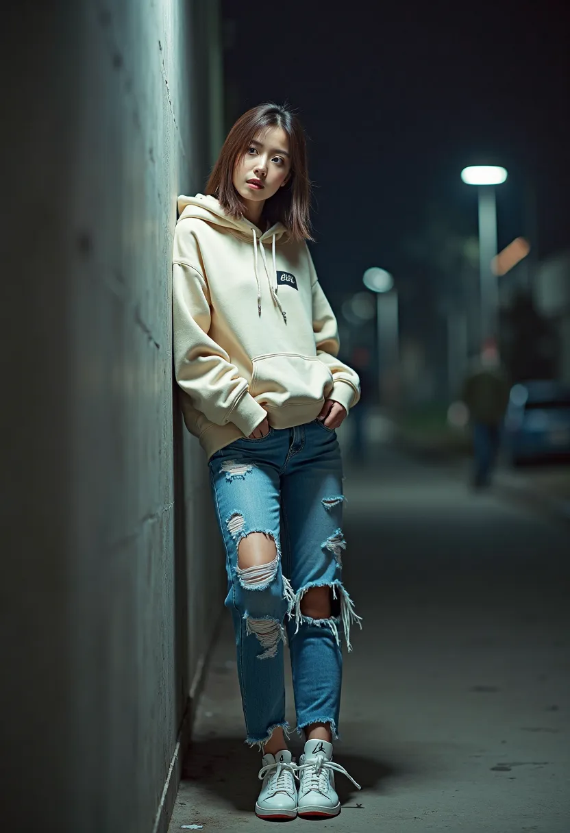 A  Korean Beautiful woman stands leaning against a wall ,  the Woman  wears a cream-colored hoddy 
says name " CIE LIE' pants jeans rip Jordan's shoes ,the night,Poto is very sharp and lucid . 