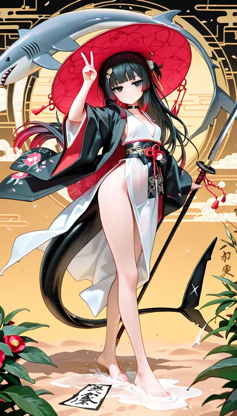 1girl, black eyes, jitome(0.5), Black Hair, red Gradient Hair, glowing hair, blunt bangs, hime cut, ponytail, black shark tail, small Breast, black haori, white cloth, side slit long skirt, skirt with a floral pattern on the inside, Colorful floral lining,...