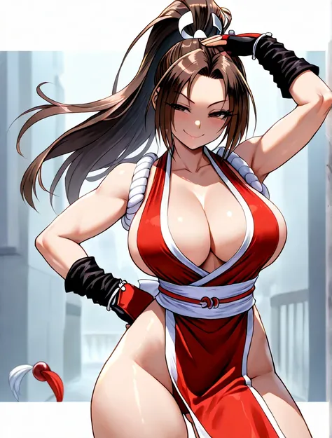 ((mai shiranui)), ((Fatal Fury  )), (( rey de los luchadores )), (( masterpiece)), (( High resolution)), ((portrait alone)), {(  attractive figure  ), (muslos anchos), ( big breasts),(long brown hair), ( high ponytail shirt), ( squinting eyes), ( beautiful...