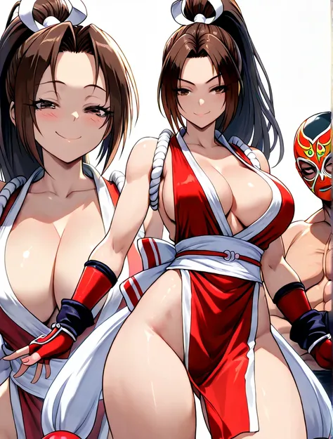 ((mai shiranui)), ((Fatal Fury  )), (( rey de los luchadores )), (( masterpiece)), (( High resolution)), ((portrait alone)), {(  attractive figure  ), (muslos anchos), ( big breasts),(long brown hair), ( high ponytail shirt), ( squinting eyes), ( beautiful...