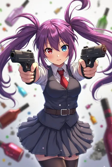 anime style、 high school girl、twin tail、 purple hair、 red and blue odd-eye、Hold up a two-gun、A bullet is fired、Pose to cross your arms、Scattering Potions 