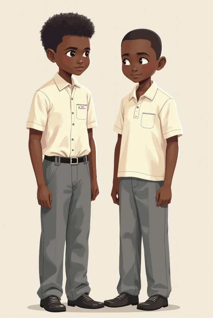 I ask to generate a realistic image of a school uniform, milk-colored shirt and gray pants. The characters must be  boys of the opposite sex with black skin. The one with the skirt below the knee and the boy in the pants. 