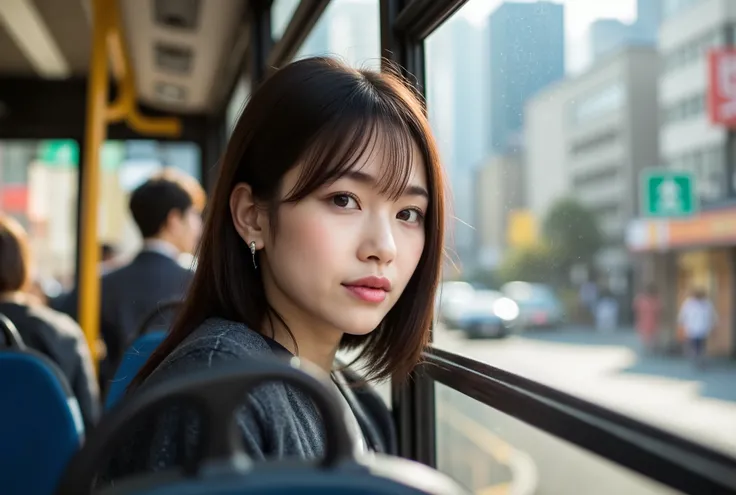 Japanese girl on a city bus,  realistic photo 